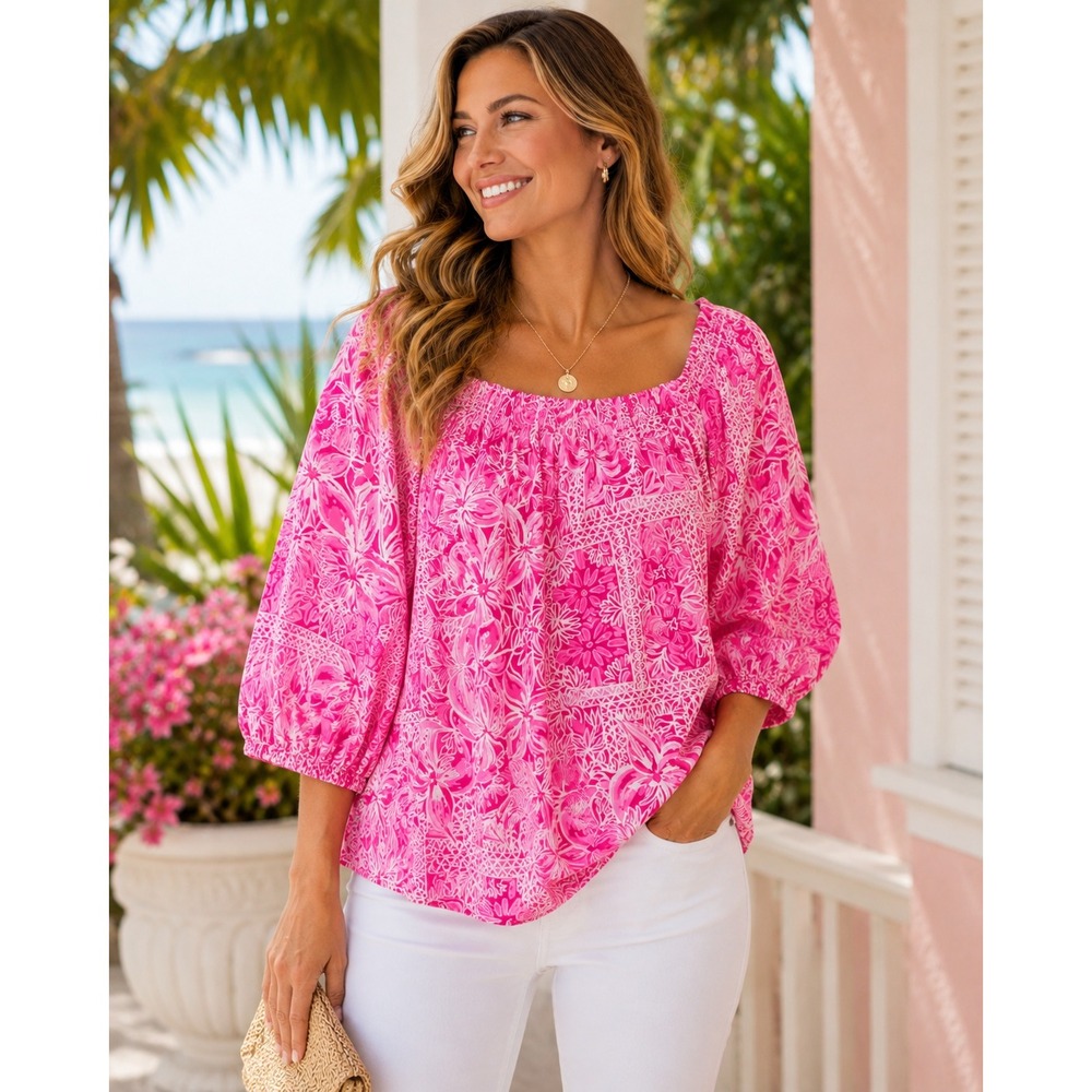 Lilly Pulitzer Pink White Cotton Peasant Top M Puff Sleeve Tropical NWOT
